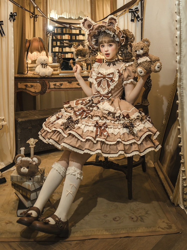 One Bow Ruffle Lolita Sweet Bunny Theme Dress Brown Accents Piece Princess
