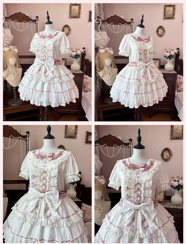 Hime Pink and Peter Pan Collar Tiered Skirt Balletcore Lolita Dress White OP