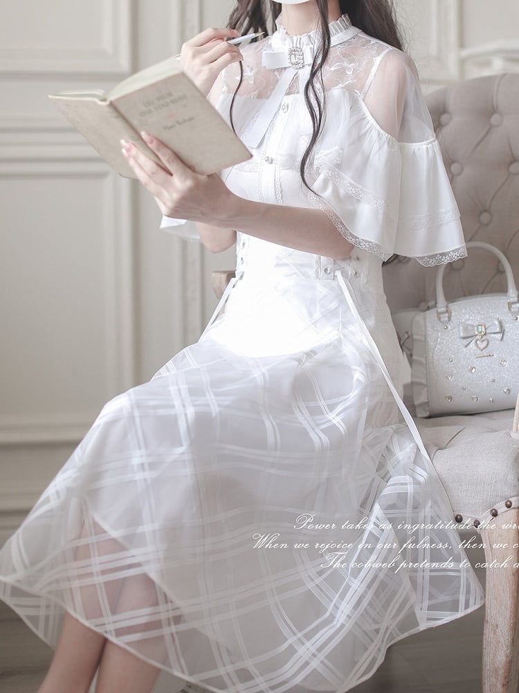 Innocent White Clean Cape Design Top Aesthetic Illusion Neckline and Trim Lace with