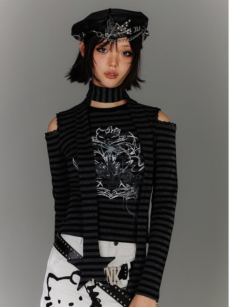 mit Schal Schwarz Grau Gestreift Cutout Schulter Grafik Top Star Punk