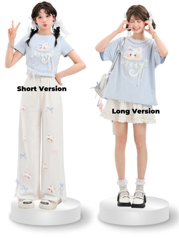 Long/Short Round Neck Plush Version Blue T-Shirt Cat Applique