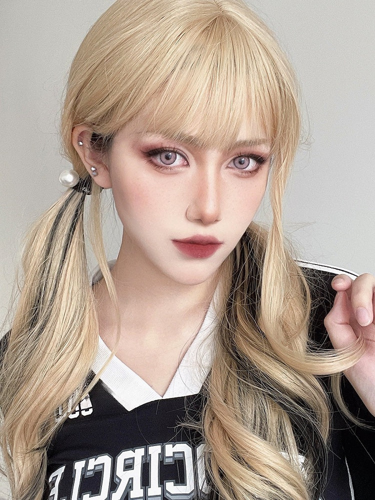 Length Wig And Wavy Bangs Blonde Air Highlight With Black 65CM
