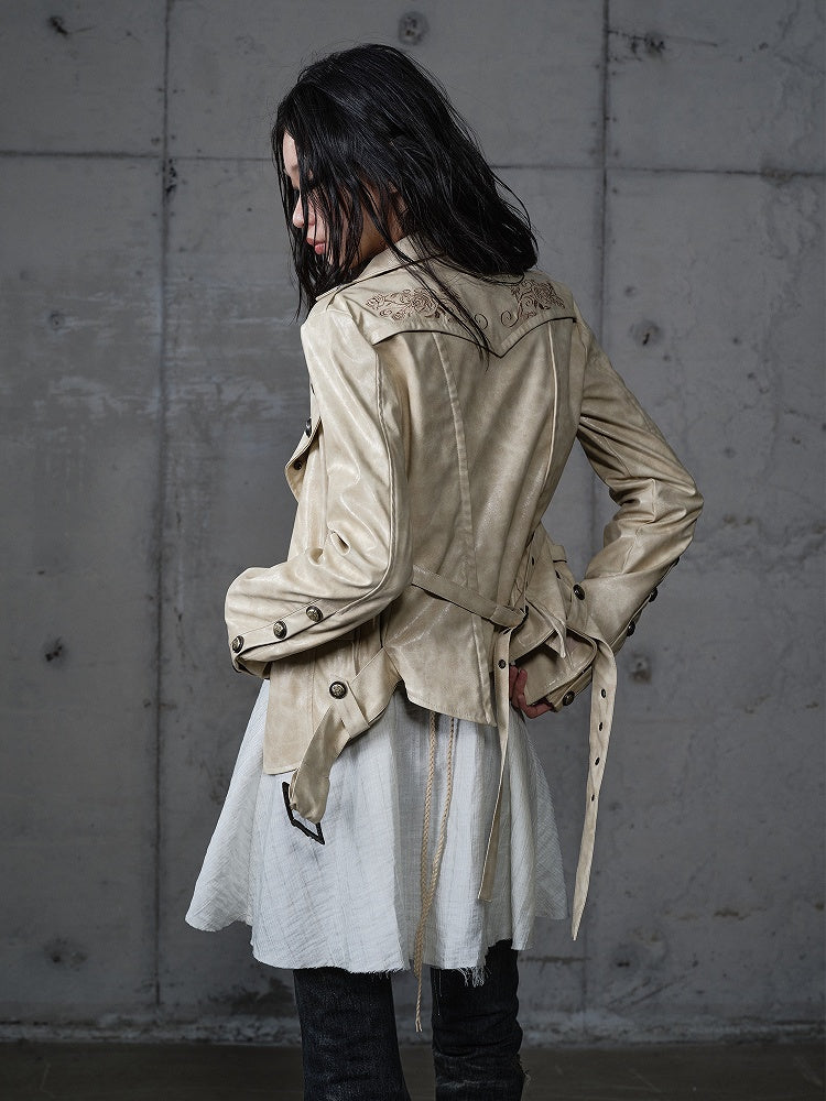 Yellow Belt Rose Jacket with Punk Buckle Embroidery Cropped Tailored Khaki