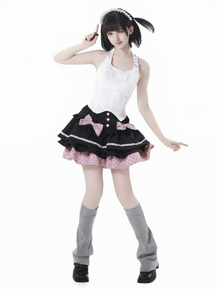 Tiered Skirt with Detachable Bows Black and Pink Polka-dot Pattern