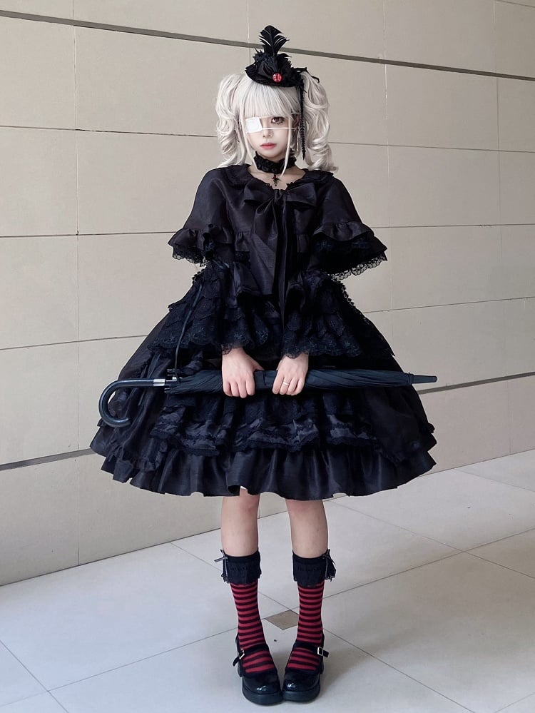 Kuro Sleeves Cape Drawstring Dress Layered Bell Gothic Skirt Lolita + Black