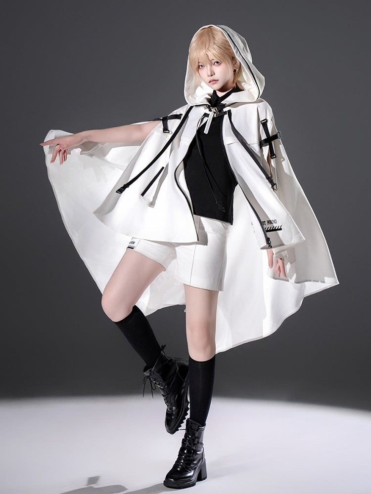Cape Ouji and Cyberpunk High-low with White Lolita Hem Futuristic Buckle Straps Hooded