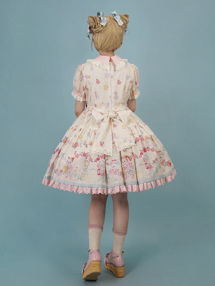 Lolita Scalloped Eyelet Kitty Short Dress with Sleeves Print Creamy Sweet Trims
