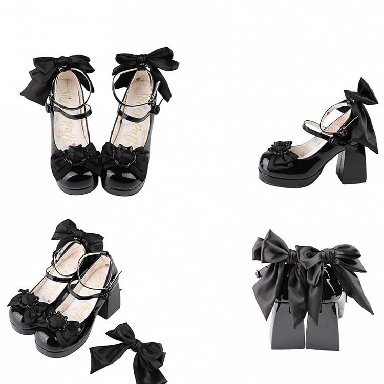 Top Platform Black Bow Polished at High Heels Block