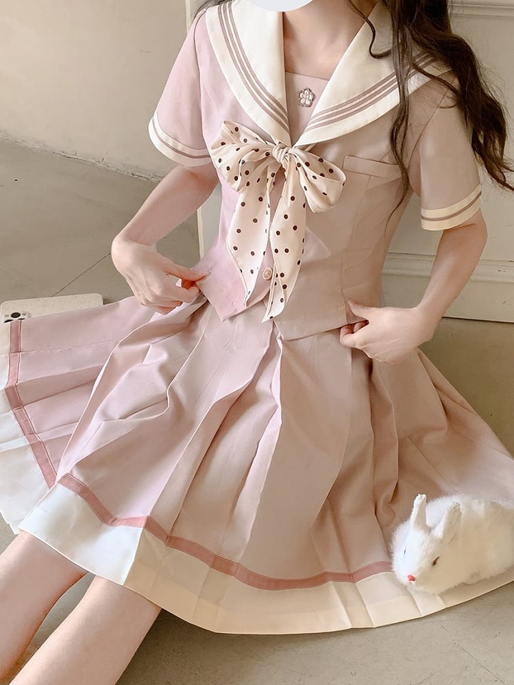 Sleeves Sweet Beige Embroidery Short Collar Sakura Top with Pink Sailor