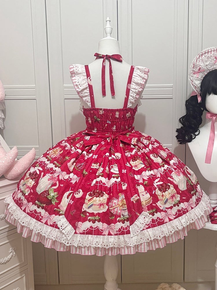 Lolita Skirt Sweet Red Bows Print Dessert and Jumper Strawberry