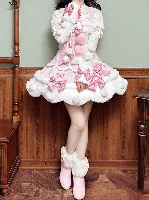 Pom-poms Pink with Lolita Overalls Trim Scalloped Sweet Dress White Bowknots Edge and