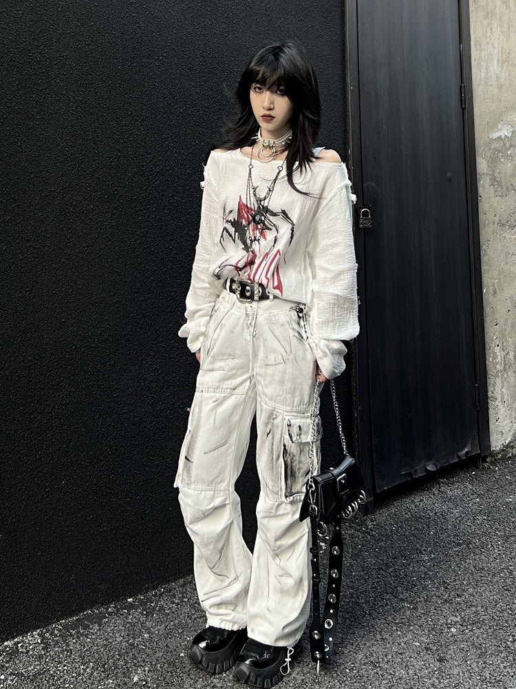 Vintage White Splatter Tie-Dye Loose Fit Cargo Jeans with Drawstring Waist