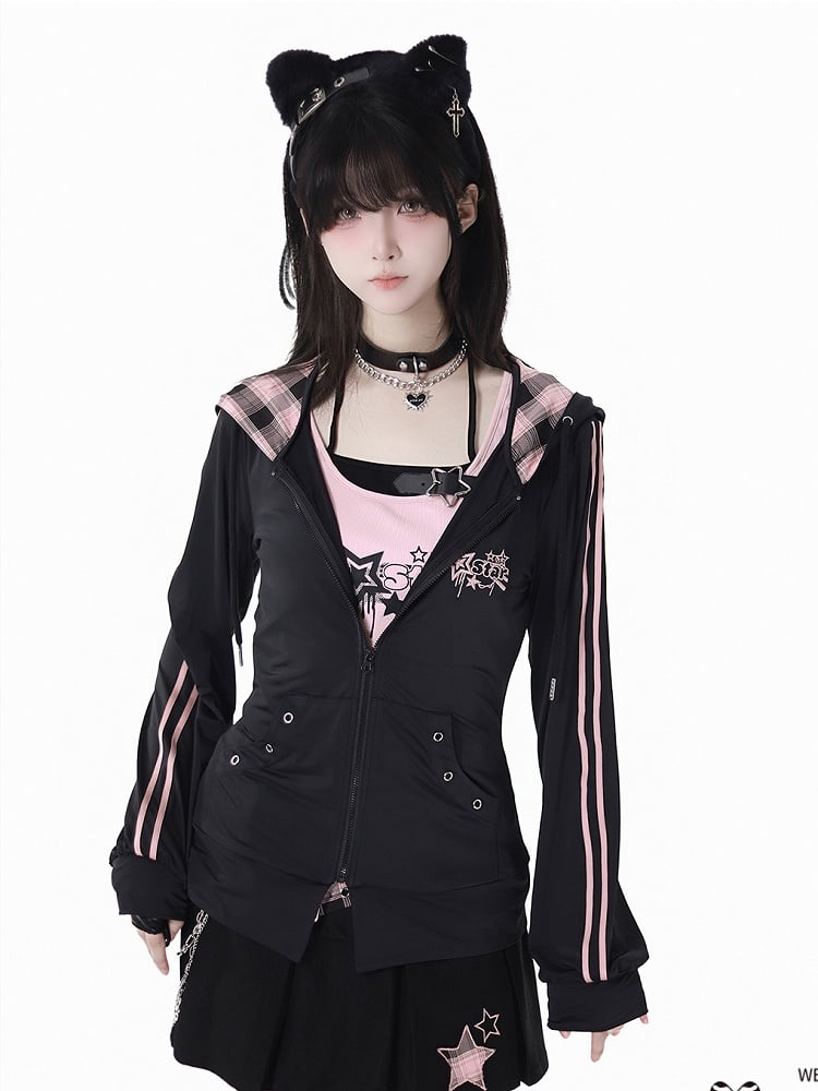 Rosa karierte Kapuze, schwarze Sternstickerei, Sonnenschutzjacke