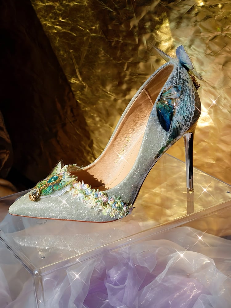 Silver 7.5CM/10.5CM Details Pointed Decorated Heels High Butterfly Toe Rhinestone