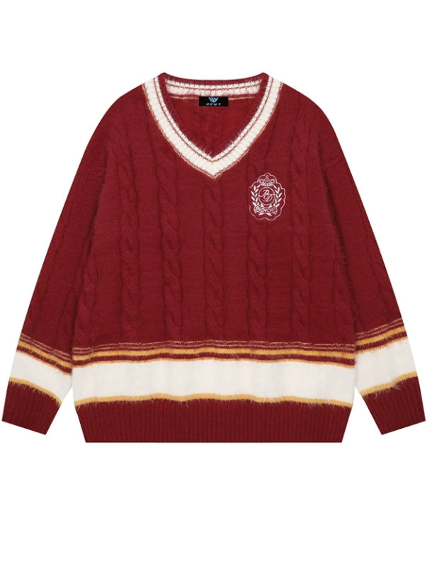 Red/Blue/White V-neck Preppy Style Loose Sweater