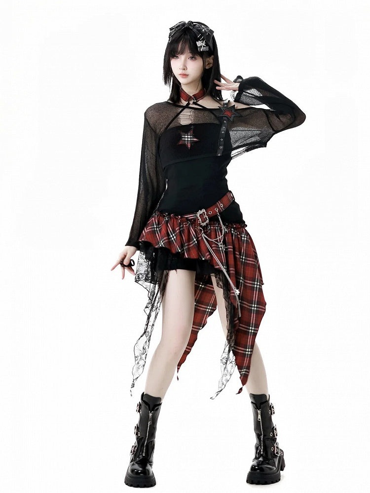 Coverup Black/Gray Star Distressed Holes Punk Rock Strap Hollow-Out Cropped