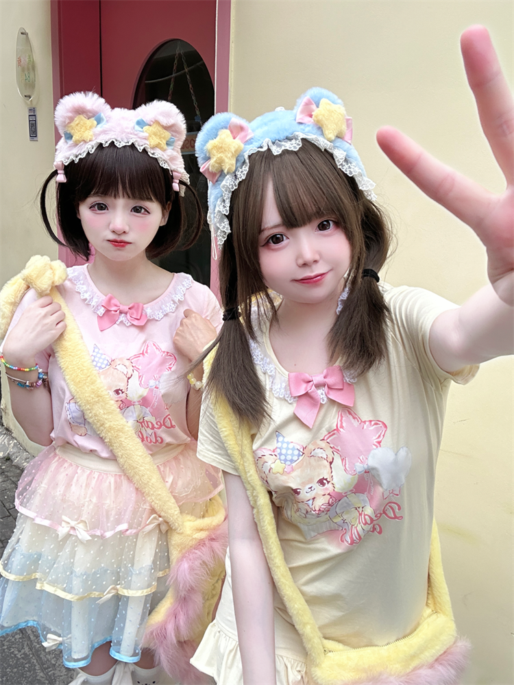 Ruffled Adorable Teddy Bear Print Bowknot Pink/Yellow Neckline Embellished T-Shirt