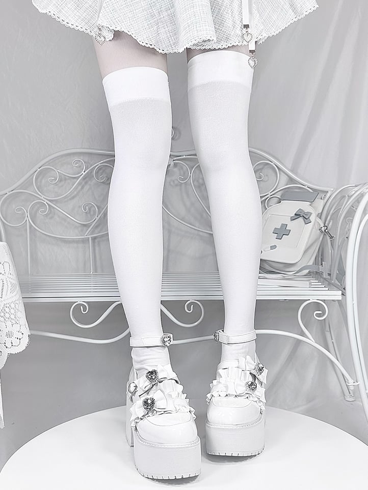 mit Landmine Matte 10cm Absatz Plateau Strasssteine Chunky Glitter Weiß Bowknot Schuhe Stil Herz