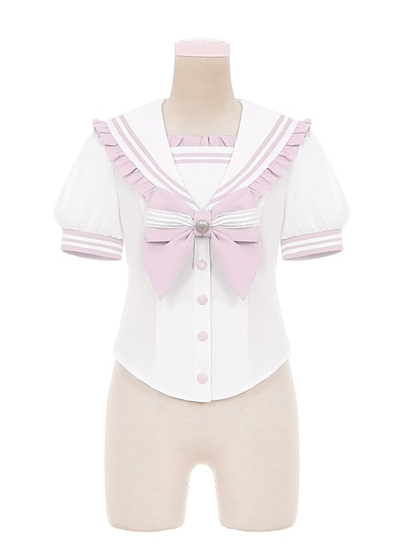 Pink Bow Accent Sailor Collar Light Lolita Blouse Ruffled Sweet