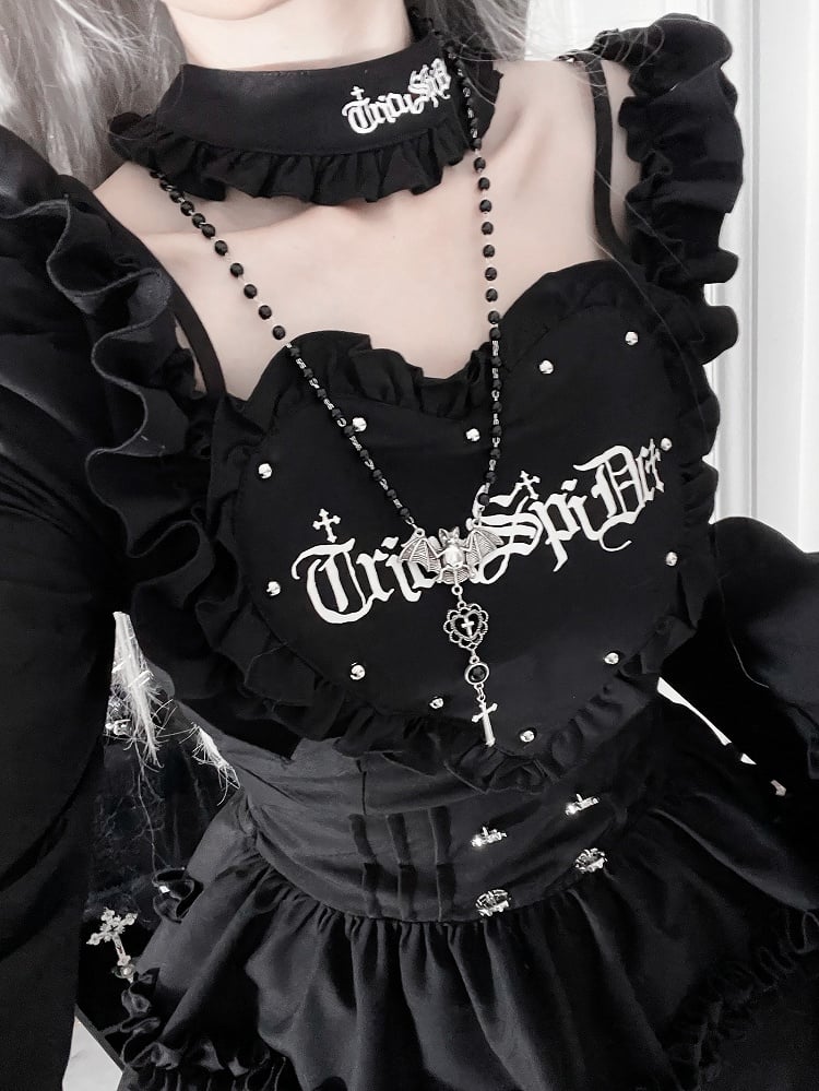 Gothic Ausschnitt Ärmel Off-the-Shoulder Kleid Print Black Bell Letter