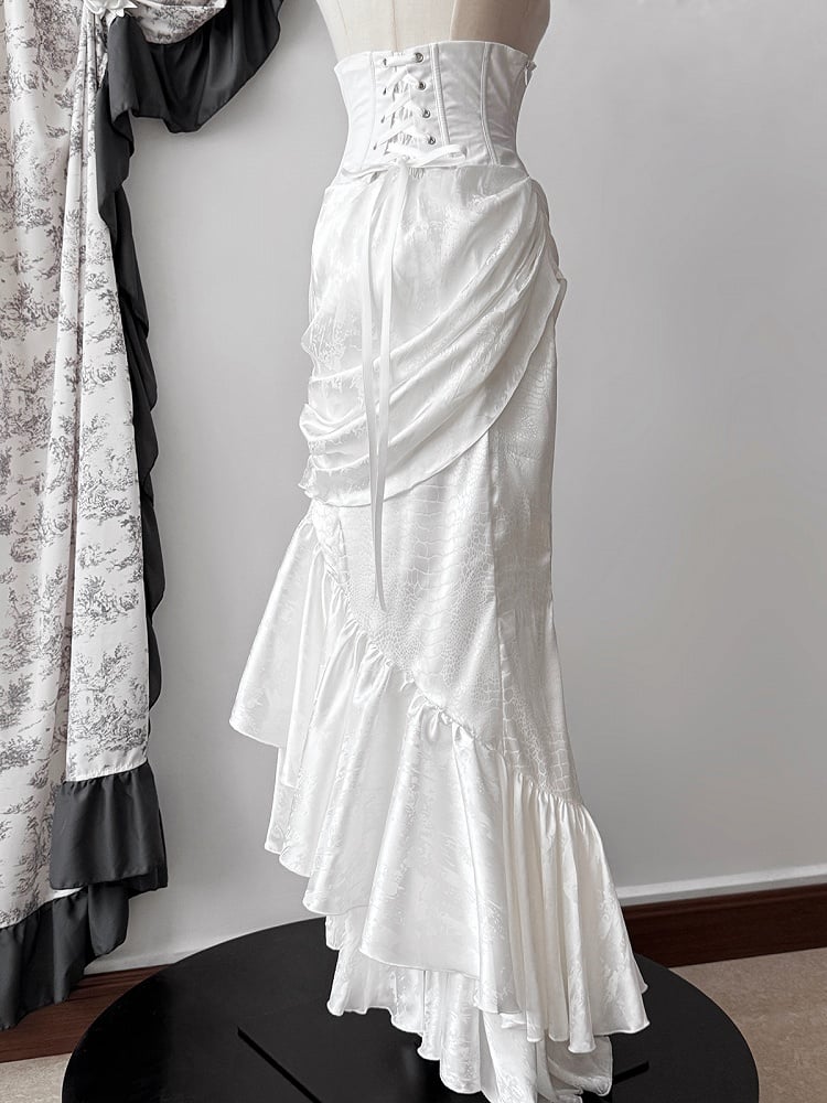 High Waist Lolita Corset Mermaid Flounce Boned Hem Skirt Gothic Asymmetrical White Cascading