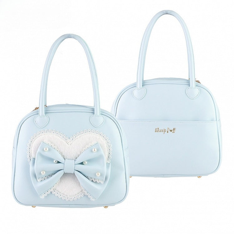 Heart Lolita Sweet Hand Plush Decorated Bowknot Blue Beaded Bag