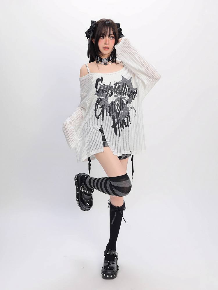 Y2K Slit Black/White Off-the-shoulder Graphic Hem Neckline Coverup