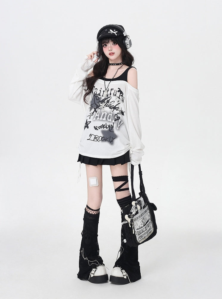 Star Y2K Print Open Shoulder Black/White Top Faux Two-pieces
