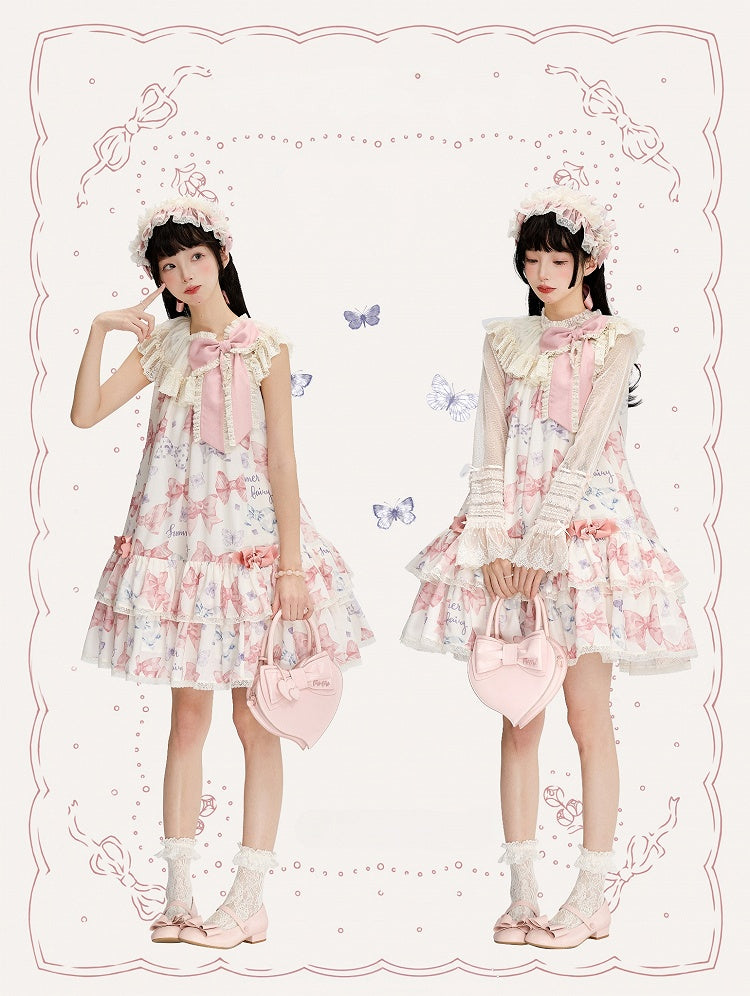 Rosa Lolita-Kleid mit großer Schleife am Ausschnitt und Schleifen, doppellagig