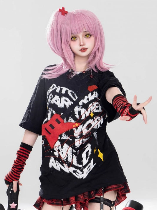 T-shirt Red With Bass Print Black And Graffiti Punk White