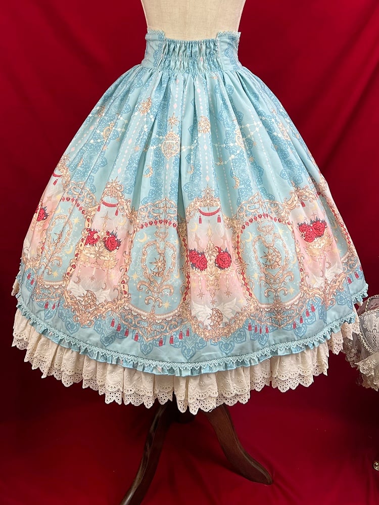 Blauer eleganter Lolita-Rock mit Korsettgürtel und hoher Taille und Blumen- und Mond-Print