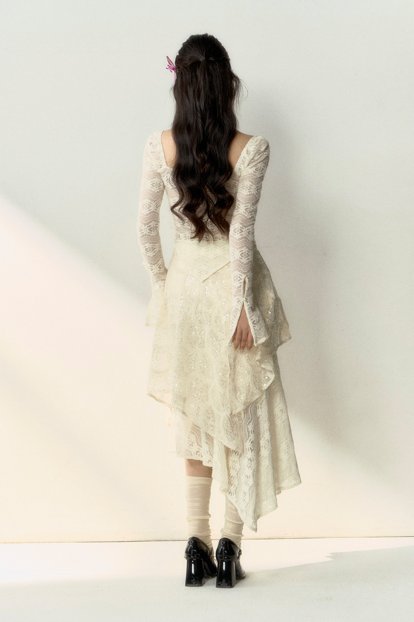 Shiny Top Sheer + French Asymmetrical Skirt Lace