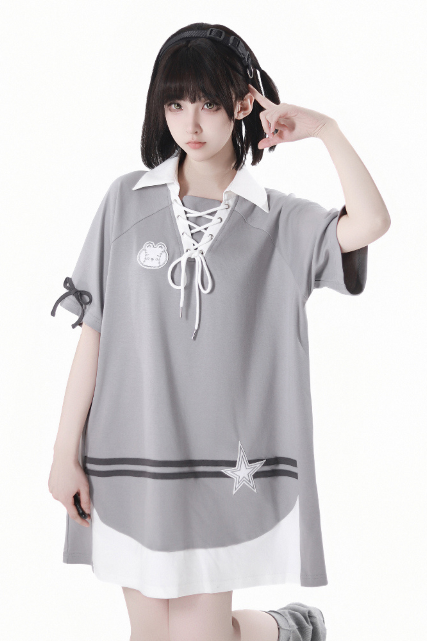 loose Lace-up skirt balloon top hooded t-shirt +