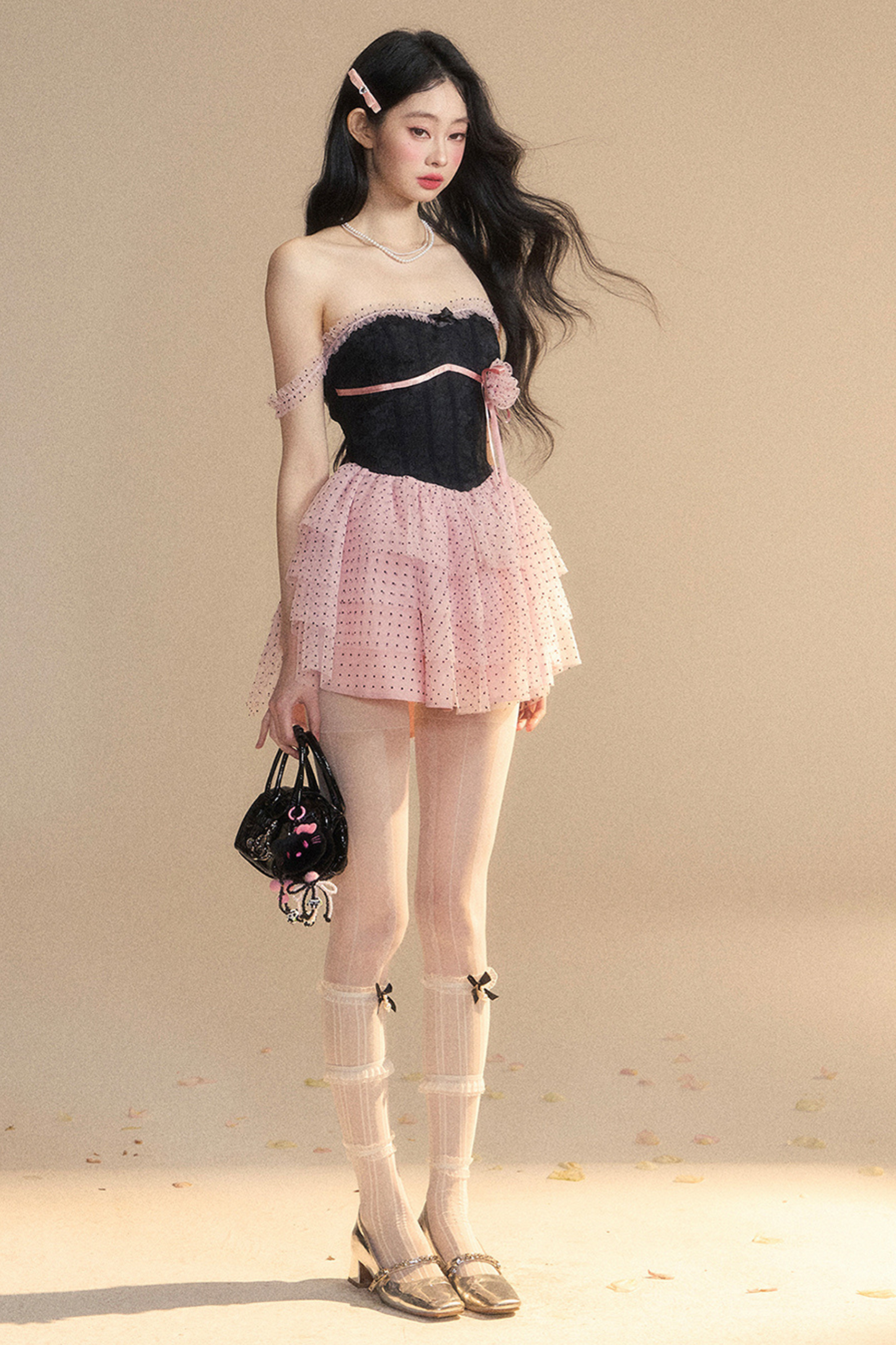 Top Lace Pink Tube Black Dress