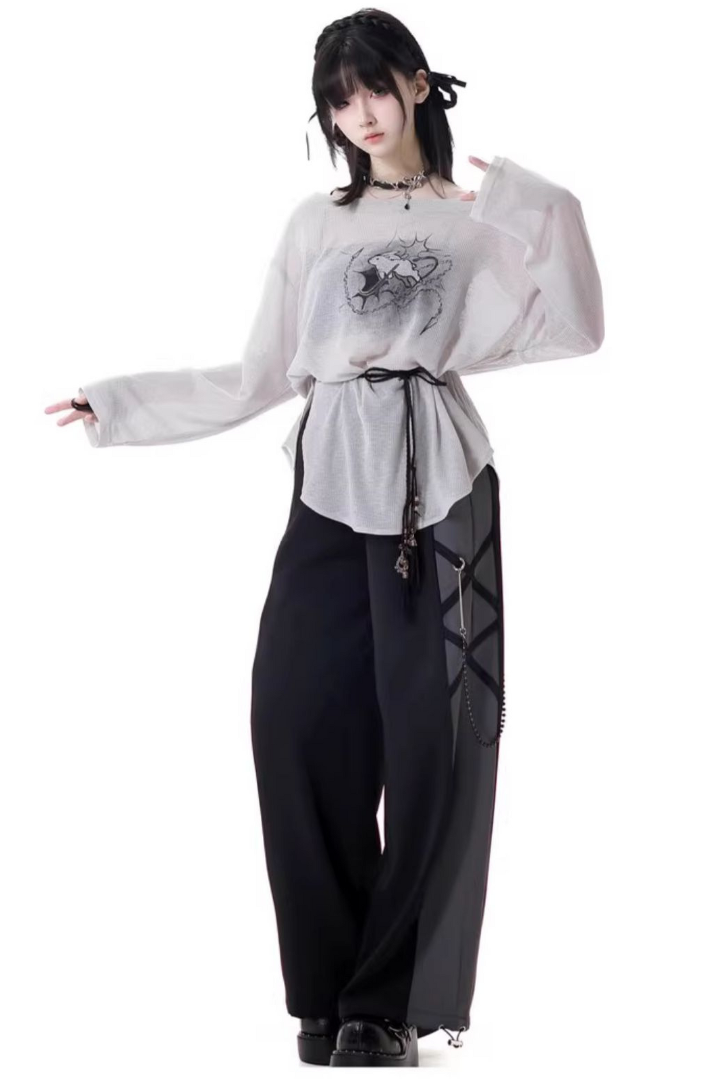 Mode top T-shirt pants wide + design lace-up waist