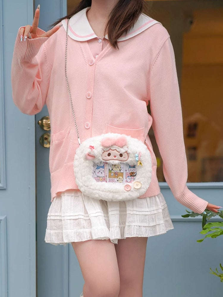 Bowknot Decorated Lamb Crossbody Bag White Plush Ita Cute
