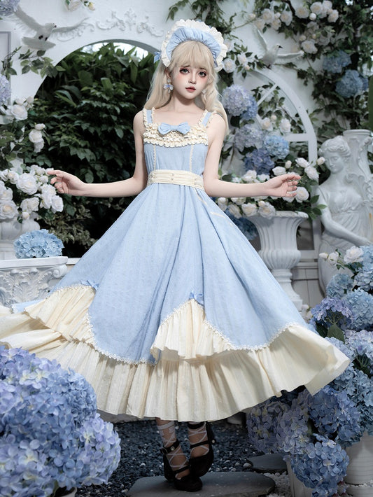 Tea Set and Trims Ruffle Beige Dress Elegant Full Flounce Length Lolita Blue Hem JSK
