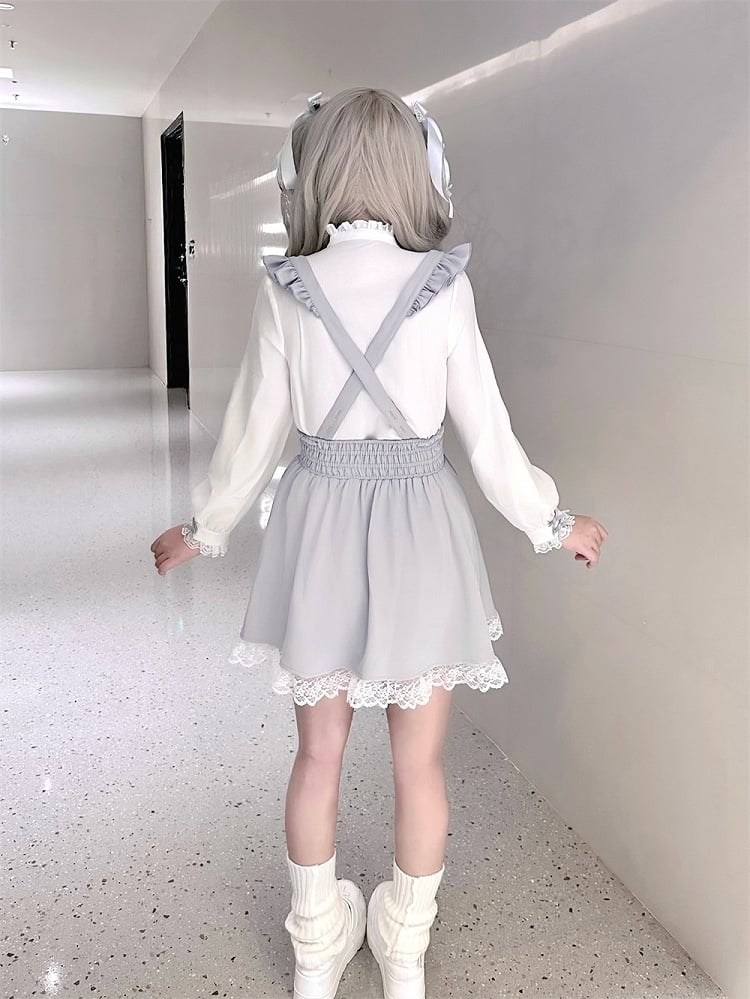 Decorative Dusty Dress and Buckles Beaded Buttons Kei Flutter Heart Jirai Overall Blue Sleeve with