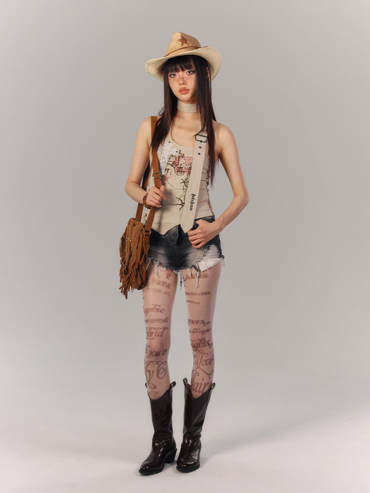 クロスアップリケ アプリコット ホルターネック トップ