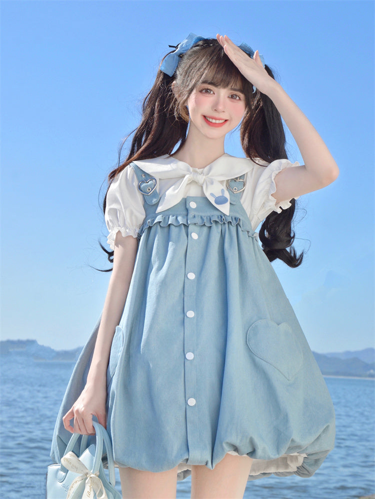White Puff Sleeves Bunny Ear Design Blouse