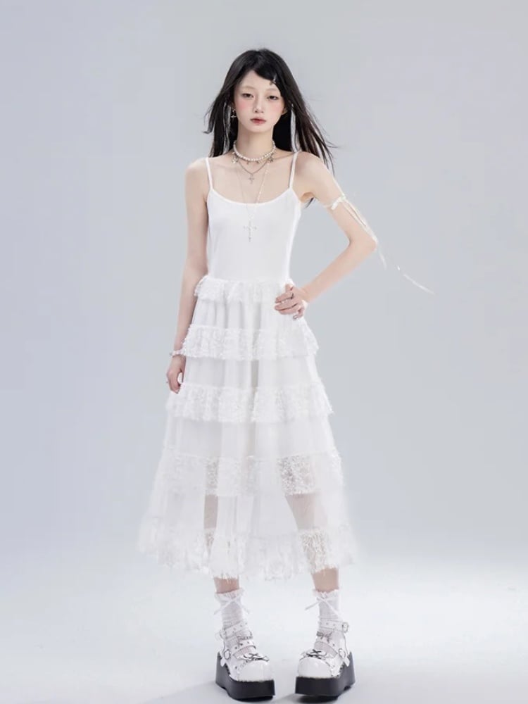 Skirt Cami Dress Waist Chain Sweet White Lace Tiered Free with