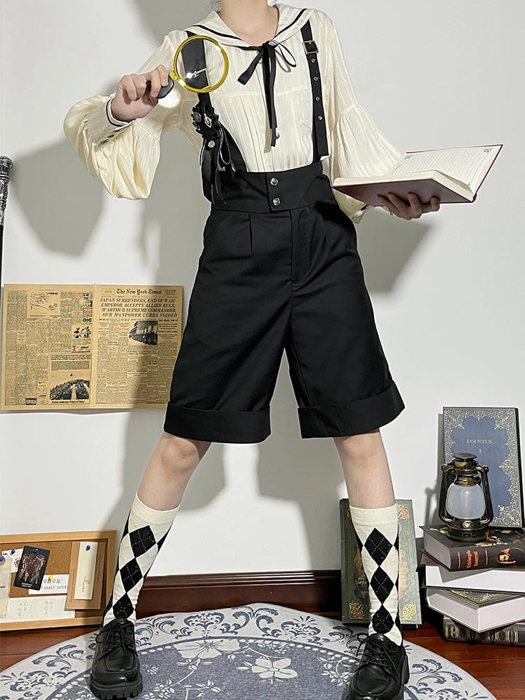 Ouji with Apricot Long Shorts Straight-leg Fashion Shoulder + Collar Lolita Outfit Straps Sailor Sleeves Shirt - Black