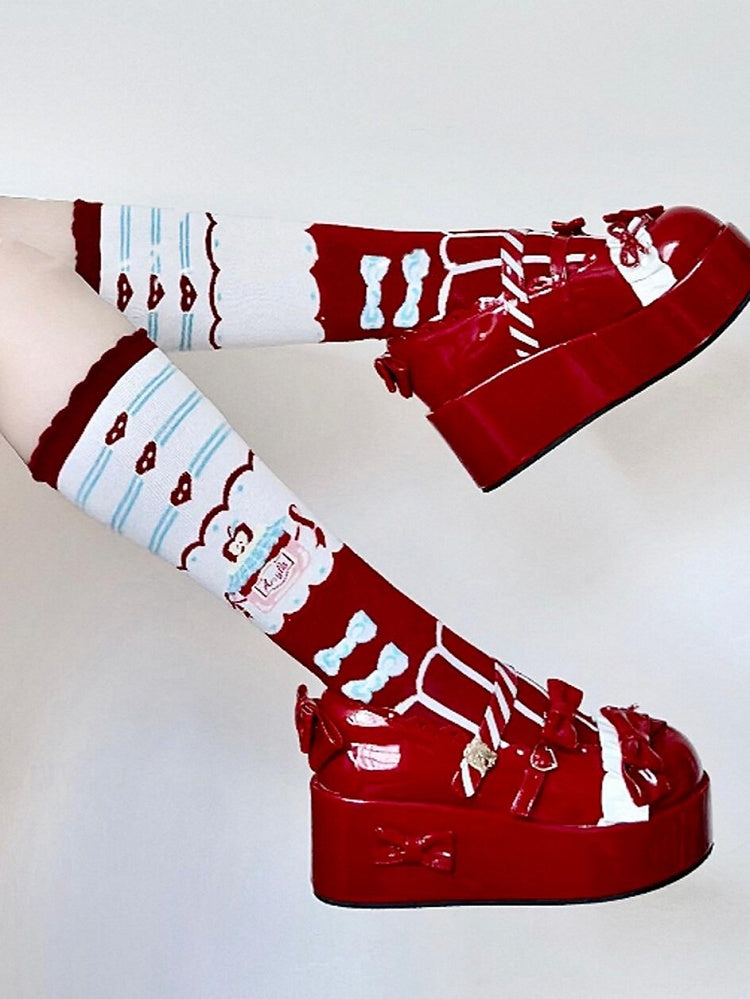Lolita Bowknot Calf Print Jar Apple Red Striped Heart Honey Pattern Socks