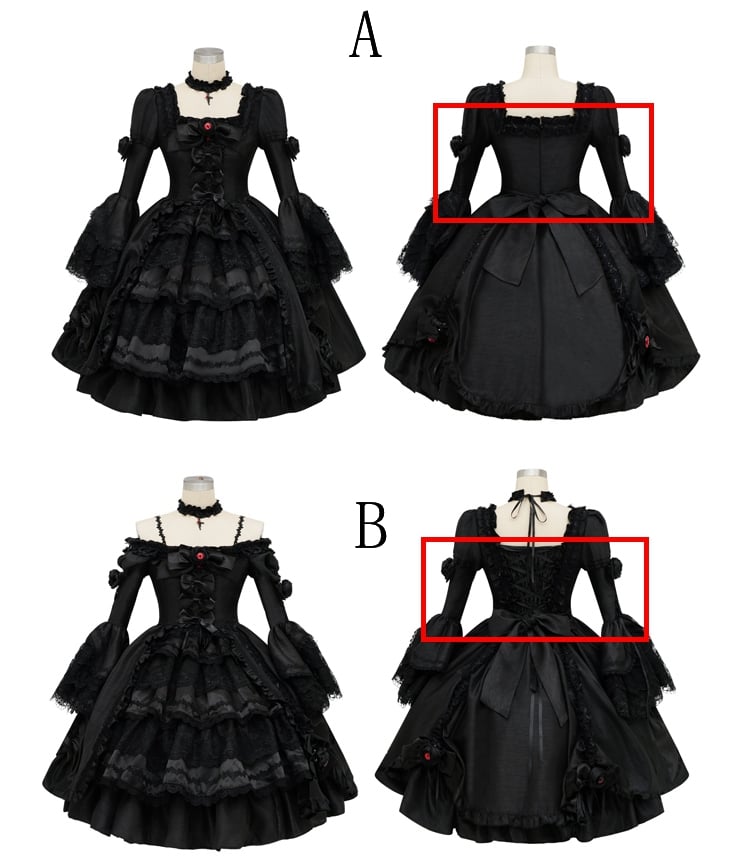 Kuro Sleeves Cape Drawstring Dress Layered Bell Gothic Skirt Lolita + Black