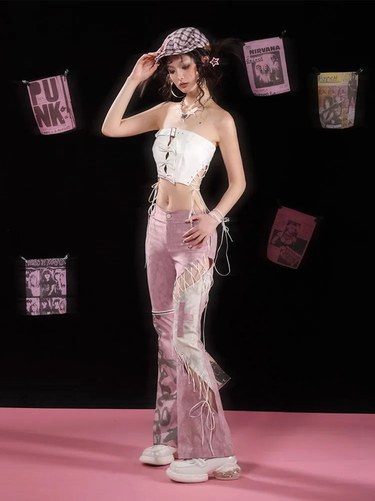 Asymmetrical Flared Detail Pink Pants Lace-up Dusty
