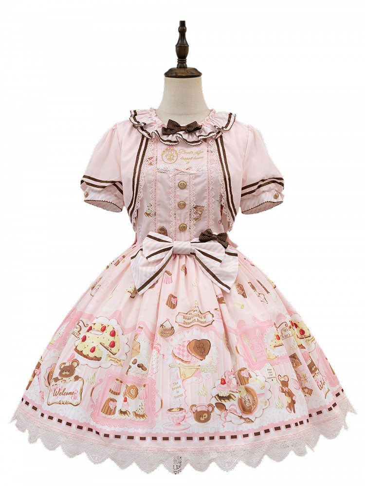 Two-pieces Theme Fake Desserts Bear Dress Pink Lolita Sweet Print Design