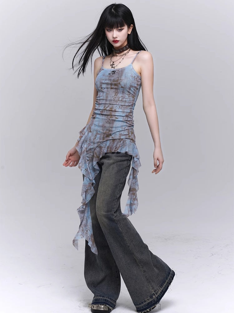 Haut caraco glamour bleu clair asymétrique à volants et taille froncée