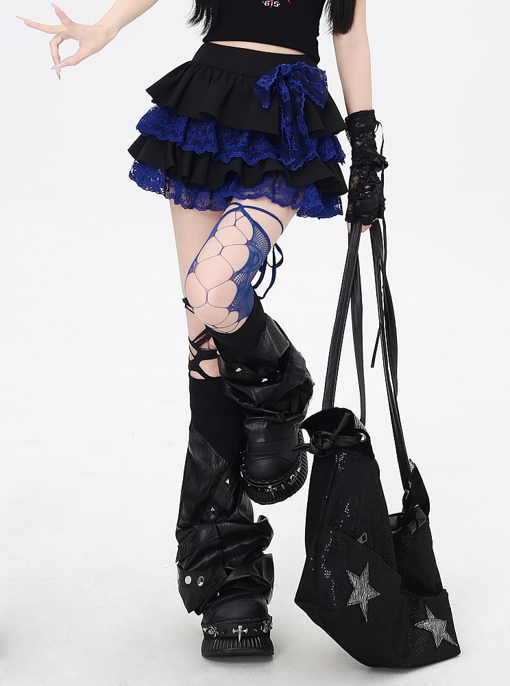 Waist Y2K Tiered Skirt Blue Lace Trim Black Elastic Contrast