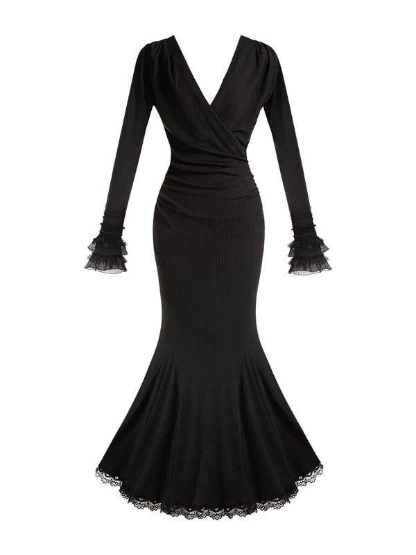 Black Bodycon Elegant V-Neck Dress Deep Knit Mermaid