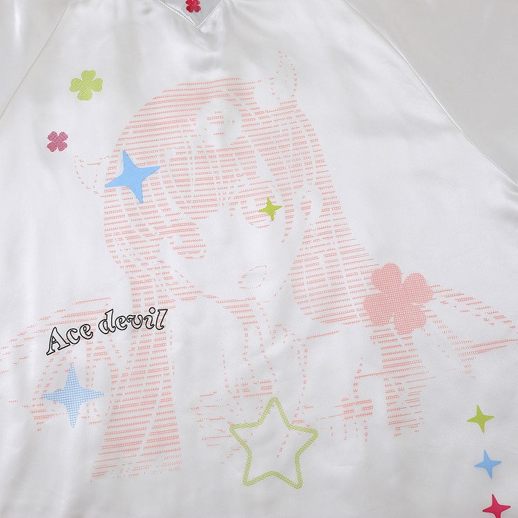 Blue/Pink Oversized Satin Short Sleeve T-Shirt with Clover